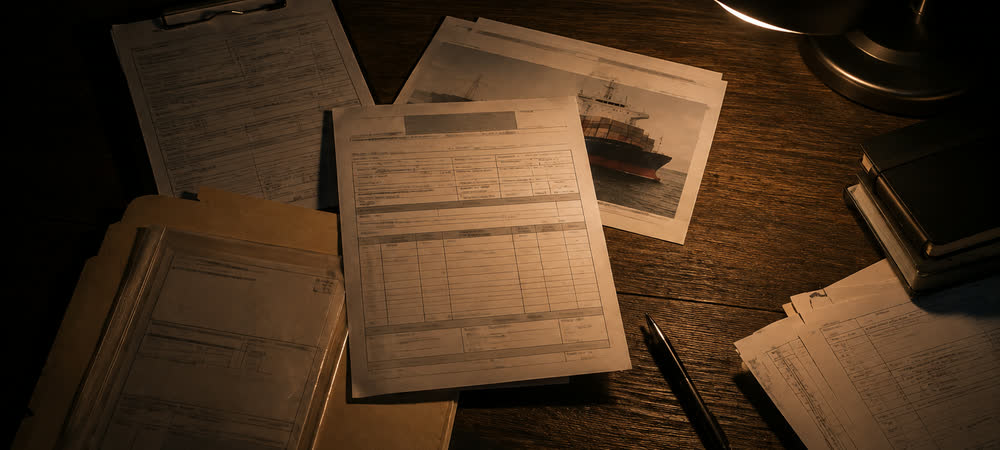 Documentos de embarque sobre una mesa oscura, bajo una lámpara