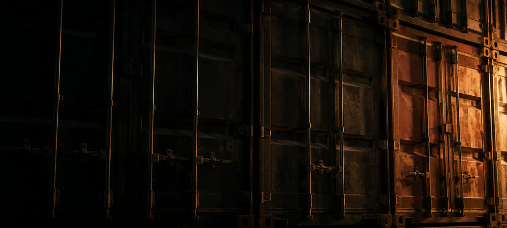 Detalle de puertas de contenedores marítimos con luz rasante