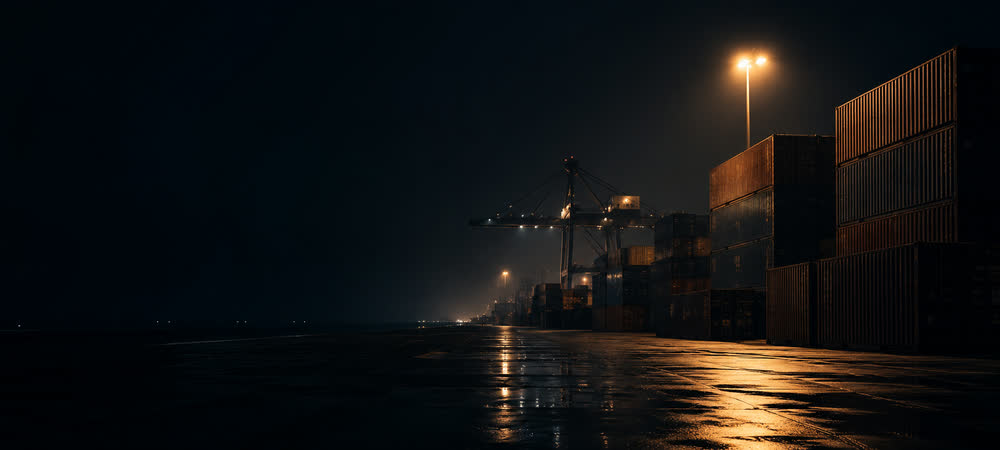 Terminal portuaria de noche, con pilas de contenedores y una grúa al fondo