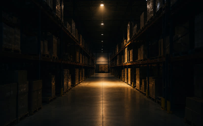 Pasillo de un almacén de distribución iluminado al fondo
