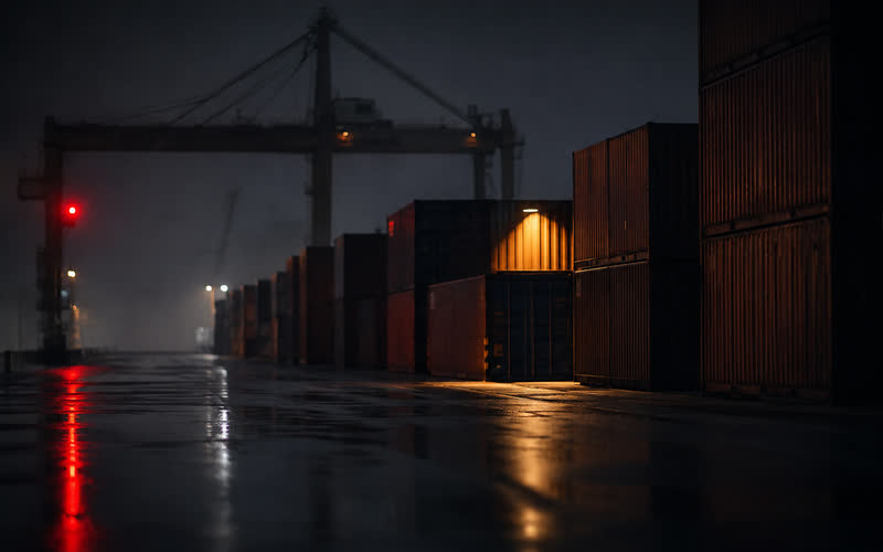 Patio de contenedores de noche, con las pilas alineadas en la niebla