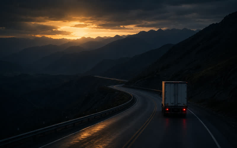 Camión de carga en una carretera de altura de los Andes al atardecer